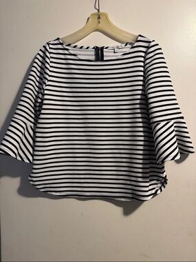 Green Envelope Black & White Striped Bell-Sleeve Top